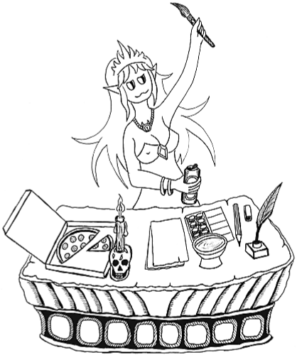 Schwarz-weiße Tuschezeichnung im Manga-Stil einer Elfen-Figur mit spitzen Ohren, langen wallenden Haaren und einer Blätterkrone. Sie steht hinter einem großen, mit Ornamenten verzierten Tisch und hält triumphierend einen Pinsel in die Höhe. In der anderen Hand hält sie eine Bierdose. Auf dem Tisch befinden sich: eine aufgeklappte Pizzaschachtel mit Pizzastücken, eine Kerze in einem Totenkopfhalter, ein leeres Blatt Papier, ein Aquarell- oder Tuschkasten, ein Kelch, ein Bleistift, ein Radiergummi, eine Schreibfeder sowie ein Tintenfass. Der Tisch hat eine dekorative Verkleidung mit rechteckigen Ornamenten an der Front. Die Figur wirkt lebendig und enthusiastisch – wie eine Künstlerin, die freudig an die Arbeit geht.